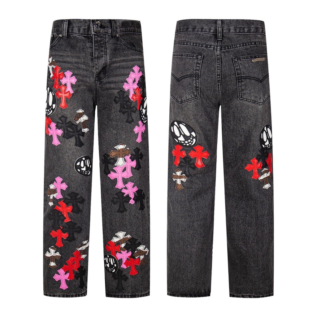 Chrome-Hearts Multi Cross Patch Denim Jeans - Grey Gothic Street Pants 1111