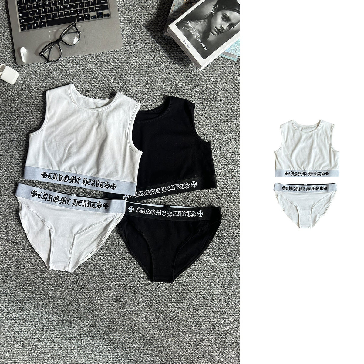 Chrome Hearts Yoga Sportswear Cross-Patterned Sanskrit Ribbon Slim Waist Vest and Shorts Set