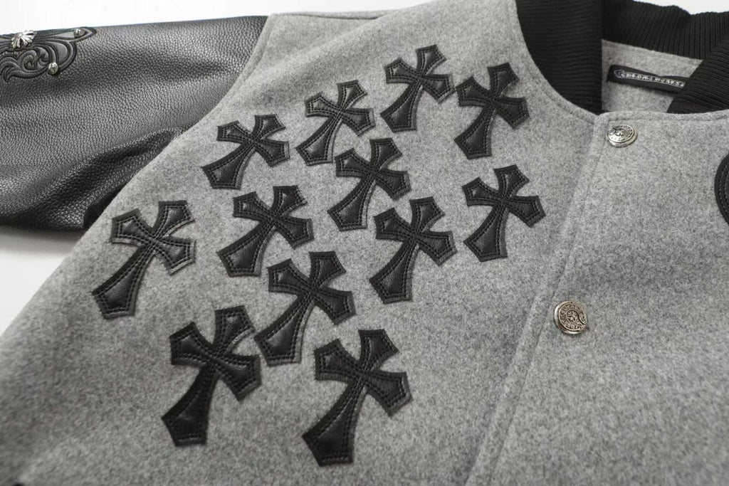 Chrome-Hearts Multi Cross Varsity Jacket - Grey Black Street Jacket 2215