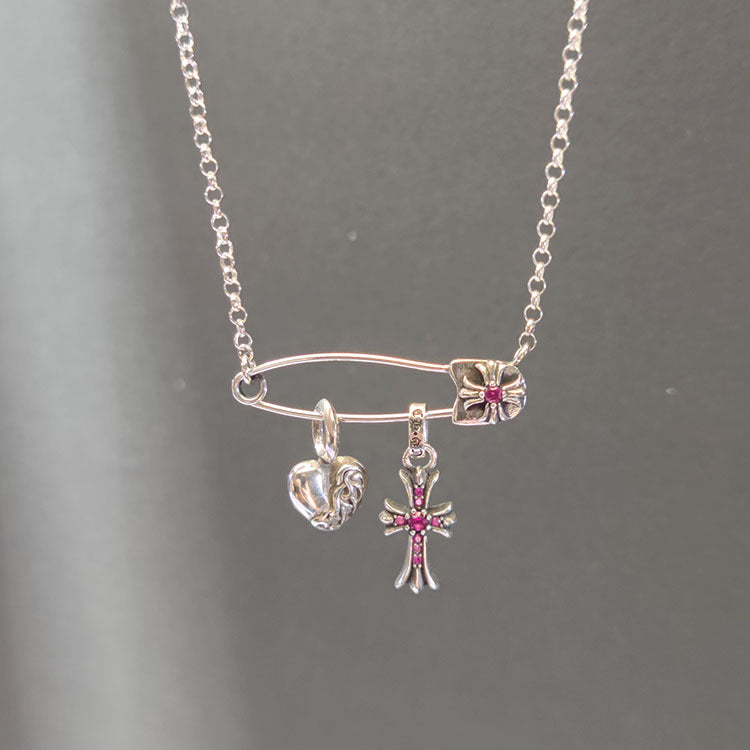 Chrome Hearts 925 silver brooch red diamond heart cross necklace